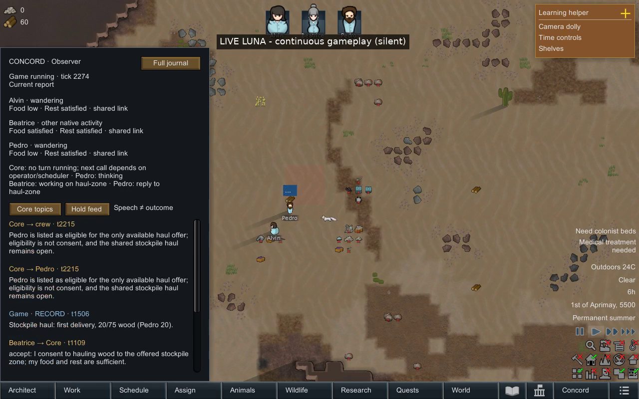 RimWorld desert colony with the Concord observer sidebar. A colonist accepts a shared stockpile haul, and the game records the first delivery of 20 of 75 wood.