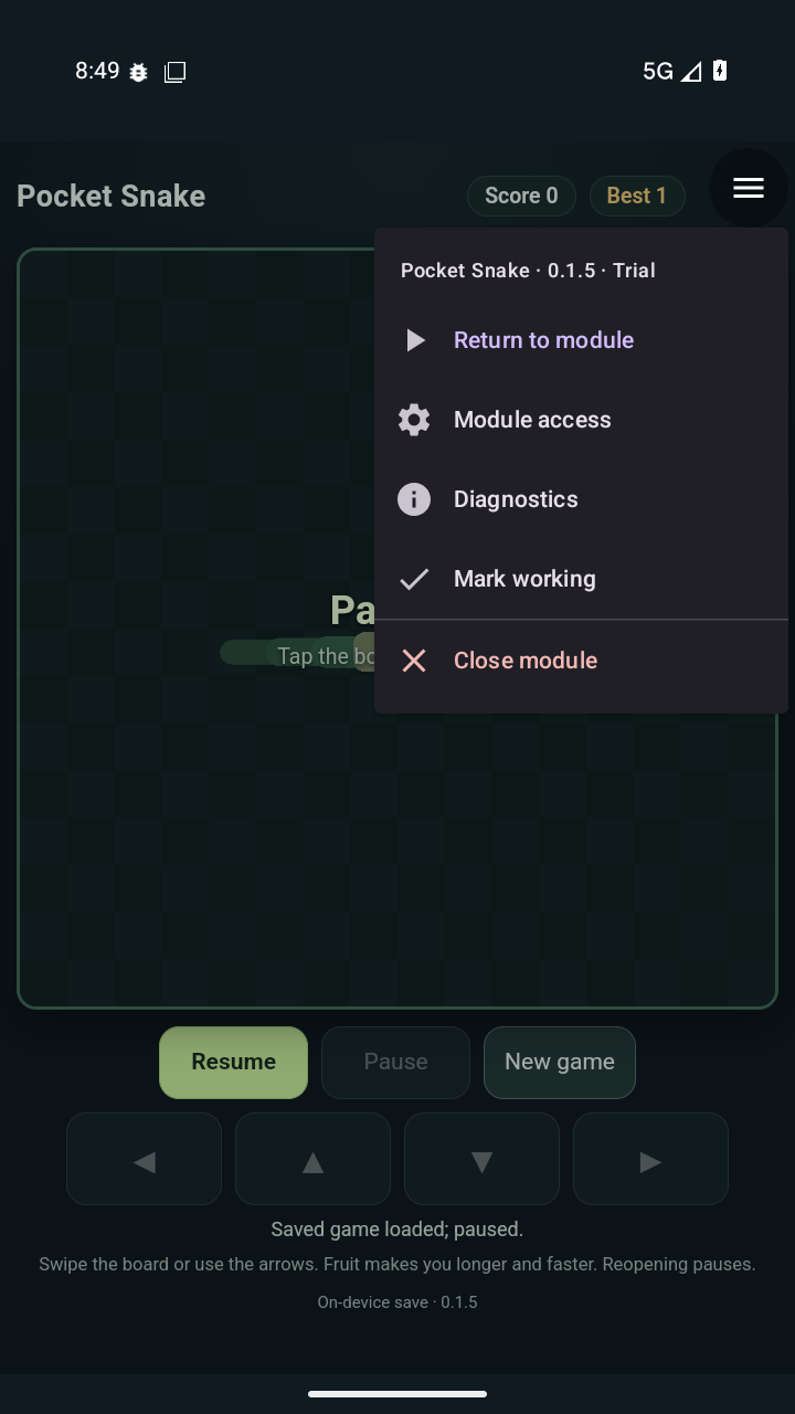 Actual portrait Android capture of Construct’s native menu over a paused Pocket Snake game, with Return, Module access, Diagnostics, Mark working, and Close controls
