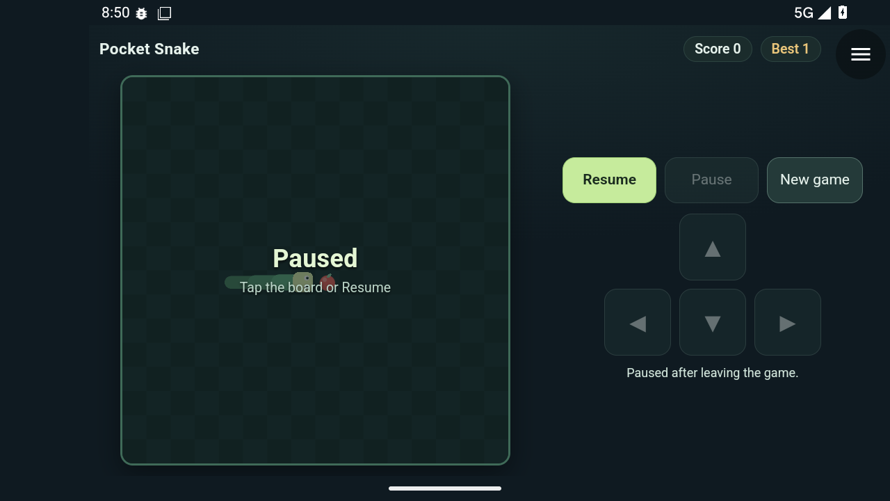 Pocket Snake paused in Construct's landscape Android shell, with the native menu button in the corner
